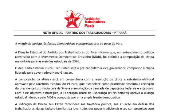 Executiva Estadual do PT Pará confirma aliança com o MDB e Dirceu Ten Caten como pré-candidato a vice-governador